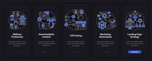 schermata dell'app mobile onboarding in modalità notturna di marketing digitale. promo online procedura dettagliata 5 passaggi pagine di istruzioni grafiche con concetti lineari. ui, ux, modello gui. sono stati utilizzati una miriade di caratteri normali in grassetto vettore