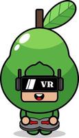 Personaggio dei cartoni animati di vettore del costume della mascotte della frutta di avocado che gioca a un gioco di realtà virtuale