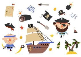 adorabile pirata ambientato in stile cartone animato. carta dolce con pirati, nave, rum, ancora, tesoro, isola. sfondo fantastico con colori vivaci vettore