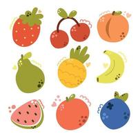 set di frutta moderna disegnata a mano, fragola, ciliegia, pesca, pera, ananas, banana, fetta di anguria, mela e mirtillo. vettore