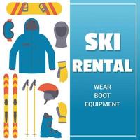 modello di noleggio sci. attrezzatura da sci e snowboard. sport invernali vettore