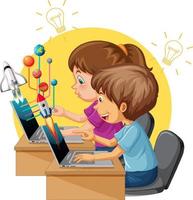 bambini che utilizzano laptop con icone di istruzione vettore
