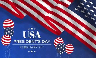 illustrazione della bandiera sventolante del giorno dei presidenti degli Stati Uniti il 21 febbraio sul design decorativo dello sfondo vettore