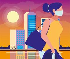 donna che cammina in città indossando una maschera vettore