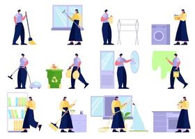 raccolta di coppie che fanno i lavori domestici. insieme di uomini, donne marito, moglie vettore