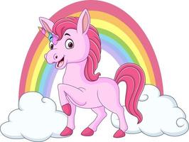 simpatico unicorno con nuvole e arcobaleno vettore