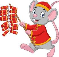 topo del fumetto in costume tradizionale cinese che tiene petardo. Capodanno cinese. anno del topo. vettore