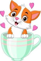 gattino sveglio del fumetto che si siede in una tazza con i cuori rosa vettore