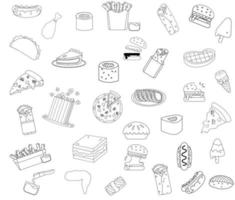 set di illustrazioni vettoriali in bianco e nero di fast food per libri da colorare e doodle
