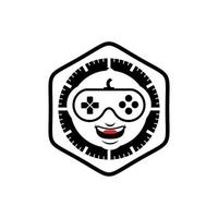 design del logo del bastone della gioia in cerchio con faccia sorridente, giochi, occhiali dimensionali, occhiali del bastone della gioia vettore