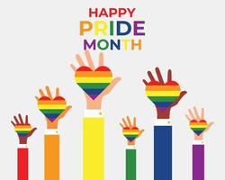 felice mese dell'orgoglio, mano sollevata diversificata che tiene il cuore color arcobaleno vettore