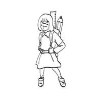 line art shcool ragazza in piedi e indossa una maschera medica con righello da scuola e illustrazione a matita vettore disegnato a mano isolato su sfondo bianco