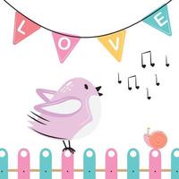simpatico uccellino seduto sul recinto e cantando una canzone d'amore. illustrazione d'amore. animali felici. per carte, banner, inviti. felice illustrazione di san valentino. vettore