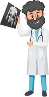 un medico maschio che tiene il personaggio dei cartoni animati della pellicola a raggi x su priorità bassa bianca vettore