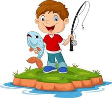 cartone animato felice ragazzino pesca vettore