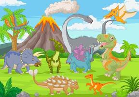 gruppo di divertenti dinosauri nella giungla vettore