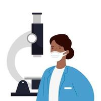 medico femminile afro con maschera facciale con microscopio vettore