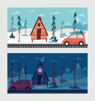 paesaggio di scena invernale di vacanza per la progettazione di celebrazione. sfondo bianco. cielo azzurro giorno e notte. sfondo del tempo. tempo nevoso. foresta d'inverno. macchina nel bosco fino alla cabina. vettore