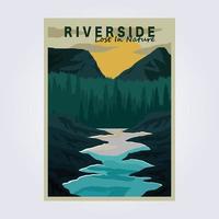 picco sul fiume montagna poster vintage vettore classico illustrazione design flusso d'acqua rafting