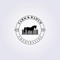 disegno dell'illustrazione vettoriale del logo della fattoria e del ranch, logo del cavallo del recinto vintage