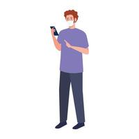 uomo con maschera medica che tiene il disegno vettoriale dello smartphone