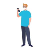 uomo con maschera medica che tiene il disegno vettoriale dello smartphone