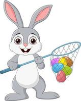 cartone animato coniglio a caccia di uova di pasqua vettore