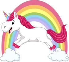 simpatico unicorno magico che cammina sulle nuvole e sull'arcobaleno vettore