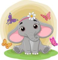 simpatico elefantino seduto nell'erba tra le farfalle vettore