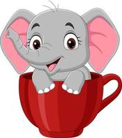 cartone animato divertente elefantino seduto in tazza rossa vettore