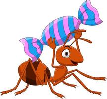 formica divertente del fumetto che trasporta una caramella vettore