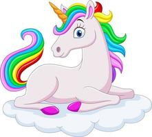 unicorno arcobaleno cartone animato sulle nuvole vettore