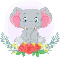 cartone animato carino elefante seduto con sfondo di fiori vettore
