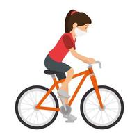 giovane donna che va in bicicletta usando la maschera facciale vettore