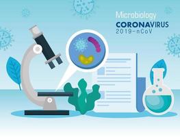 microbiologia per covid 19 con icone mediche vettore