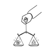 mano doodle disegnato a mano che tiene denaro e umano sul simbolo della bilancia per l'uguaglianza illustrazione vettore