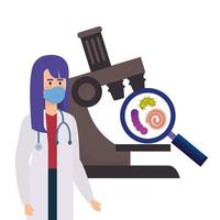 medico femminile con microscopio e microrganismi vettore