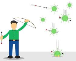 illustrazione disegno vettoriale di un uomo sta sparando al virus con arco e frecce.