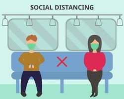 illustrazione disegno vettoriale di distanziamento sociale nei trasporti pubblici. evitando il virus per nuove normali attività