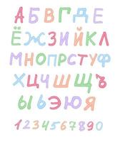alfabeto russo font testo colorato lettere e numeri abc per bambini educazione doodle modello disegnato a mano vettore