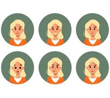 set di icone avatar donna emozioni diverse triste felice arrabbiato pianto volto sorridente cartone animato piatto illustrazione isolato su bianco elemento di interfaccia web vettore