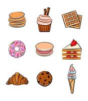 dolci set di icone illustrazione vettoriale isolato clip art grafica confezione di adesivi in stile cartone animato cibo torta waffle pancake croissant gelato ciambella biscotti