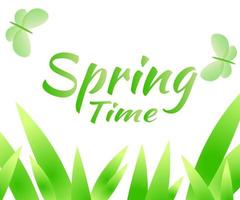 frase scritta in primavera isolata su sfondo bianco banner stagione carta illustrazione vettoriale erba verde e farfalle che volano