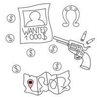 set di elementi doodle del selvaggio west - revolver con proiettili, annuncio ricercato, monete in dollari, ferro di cavallo per buona fortuna, mappa della zona. illustrazioni di line art, schizzo. vettore