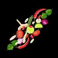 tom yum ingrediente spezie. cibo tradizionale tailandese. su sfondo nero. illustrazione 3d vettoriale eps10