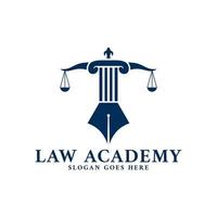 modello di logo dell'accademia di legge con combinazione di pilastro, scala e icona vettore penna