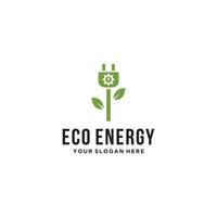 design del logo della foglia verde e dell'ingranaggio di energia ecologica vettore