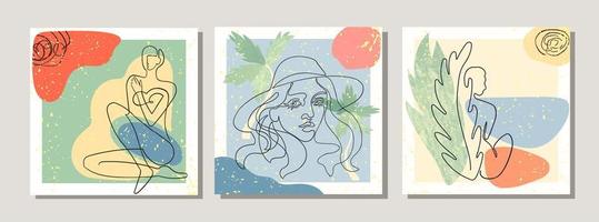 set con collage poster moderni con forme astratte, foglie esotiche e illustrazioni a una linea del corpo femminile vettore