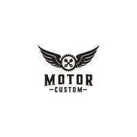 design del logo della motocicletta del club dell'ingranaggio e delle ali dei pistoni vettore