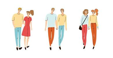 set colorato con illustrazioni di giovani coppie che camminano vettore